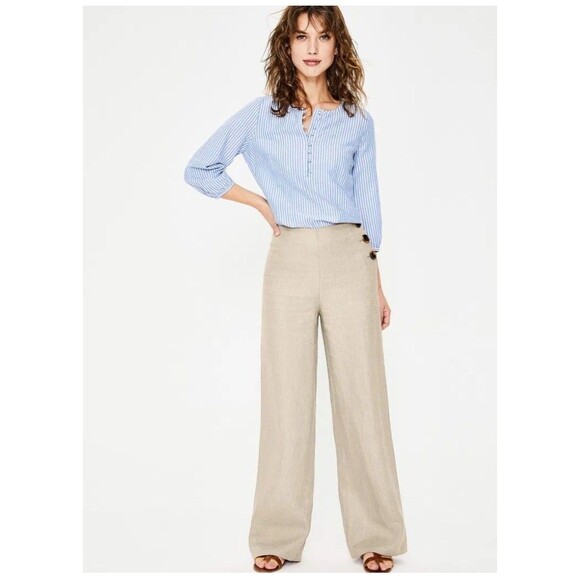 Boden Linen Wide Leg Pants Women's NWT Beige Lagenlook Vacation Sailor Size 10 - Picture 2 of 14